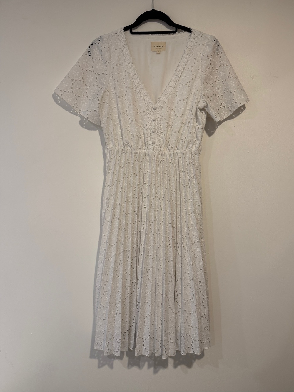 Sezane White Eyelet V‑Neck Pleated Midi Dress